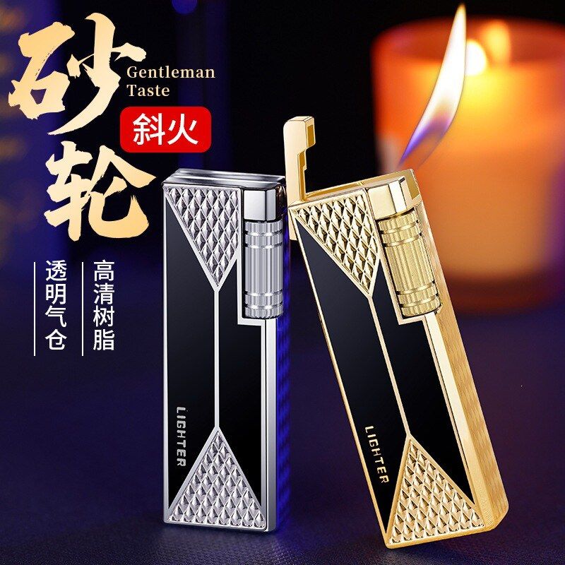 可视气窗长条砂轮明火打火机金属斜火充气创意商务礼品男士点火器