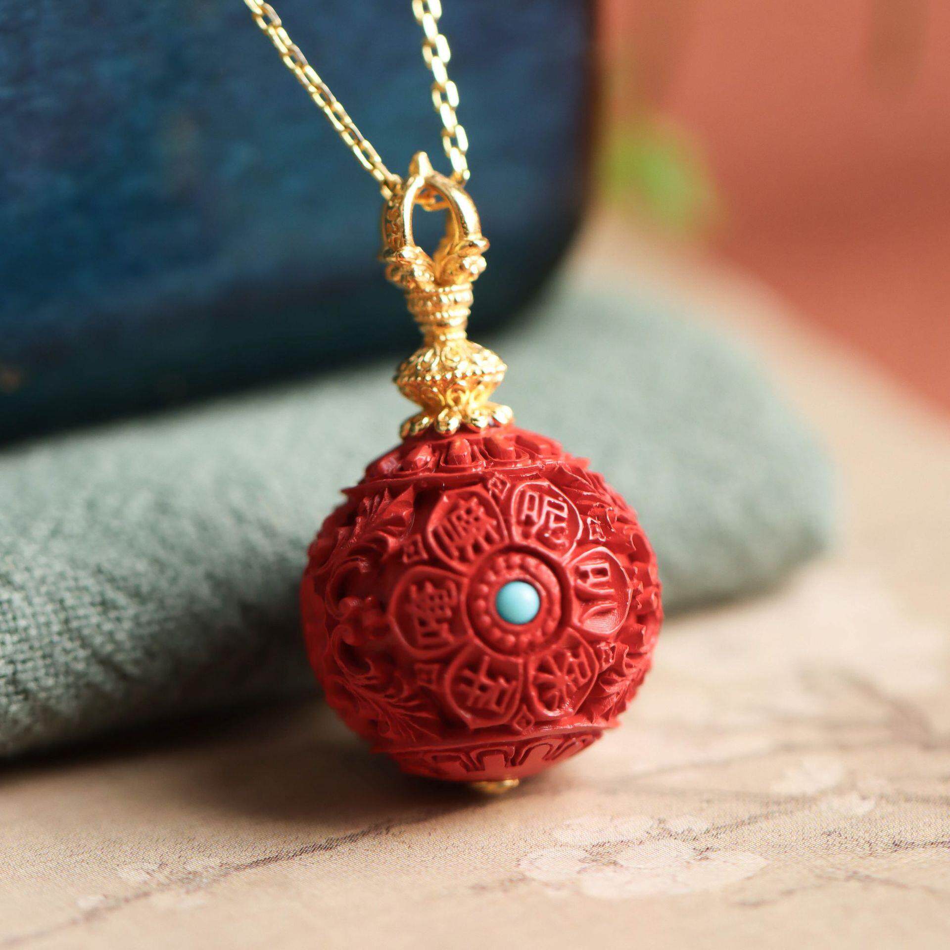 熹瑞纯银镀金镶嵌朱砂圆珠吊坠复古民族风送礼女款项链