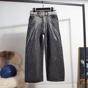 2025女装 牛仔裤 重工散射钻石阔腿裤 时尚 满天星水钻美式 欧洲站时尚