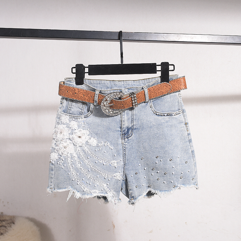 欧货重工镶钻立体花瓣牛仔短裤女2025年夏季新款高腰显瘦阔腿热裤