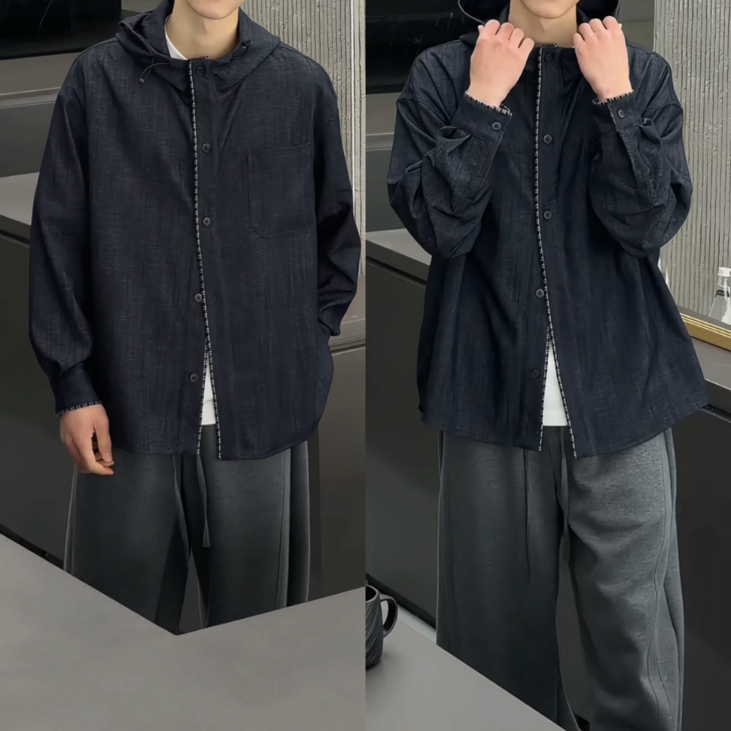 春季美式复古格子连帽长袖男衬衫