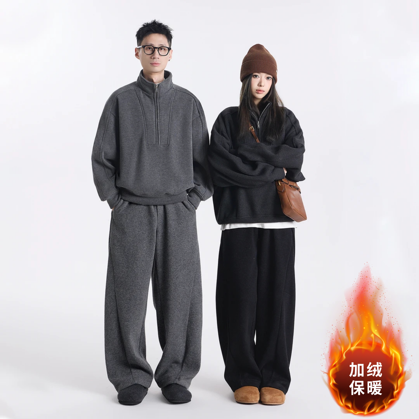 冬季简约休闲加绒半拉链立领卫衣卫裤套装男女同款运动轻奢两件套