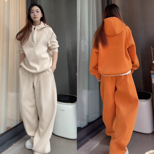 冬季慵懒风半拉链连帽卫衣休闲长裤两件套男女款休闲简约运动套装