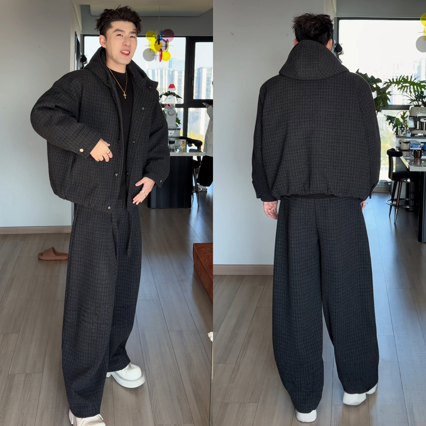 冬季格纹休闲保暖套装男士韩系高级感连帽棉服外套长裤时尚两件套