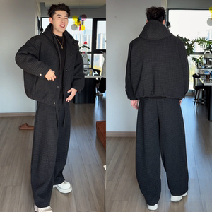 冬季格纹休闲保暖套装男士韩系高级感连帽棉服外套长裤时尚两件套
