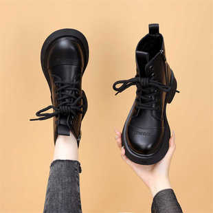 英伦显瘦单靴大码 小个子马丁靴女2024新款 秋冬加绒厚底炸街爆款