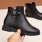 加绒秋冬款 平底短靴软底大码 4344皮鞋 真皮妈妈鞋 中老年人女棉鞋