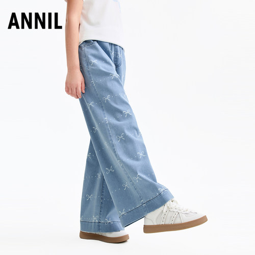 安奈儿童装女童牛仔裤2026春新款宽松阔腿时尚透气蝴蝶结可爱长裤