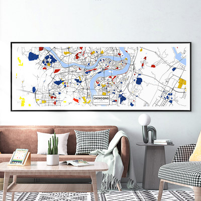 定制彩色城市地图横版创意装饰画蒙特里安客厅挂画卧室床头壁画