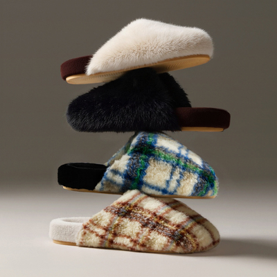 高级感复古格子毛绒棉拖鞋