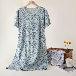 AB纯棉睡裙中老年人薄款 家居连衣裙 连衣内外穿长睡衣妈妈短袖 夏季