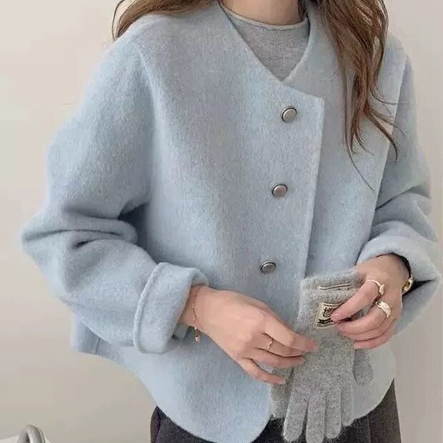 YTMCC小香风外套女双面羊毛大衣女短款小个子简约通勤圆领宽松