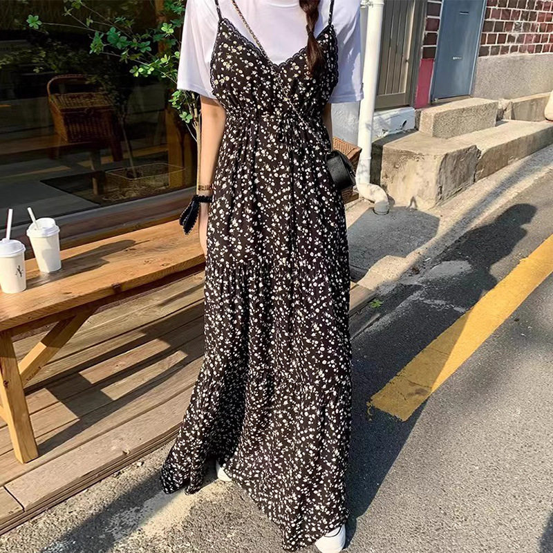 韩国chic春夏复古小众V领拼接蕾丝花边满屏碎花吊带连衣裙长裙女