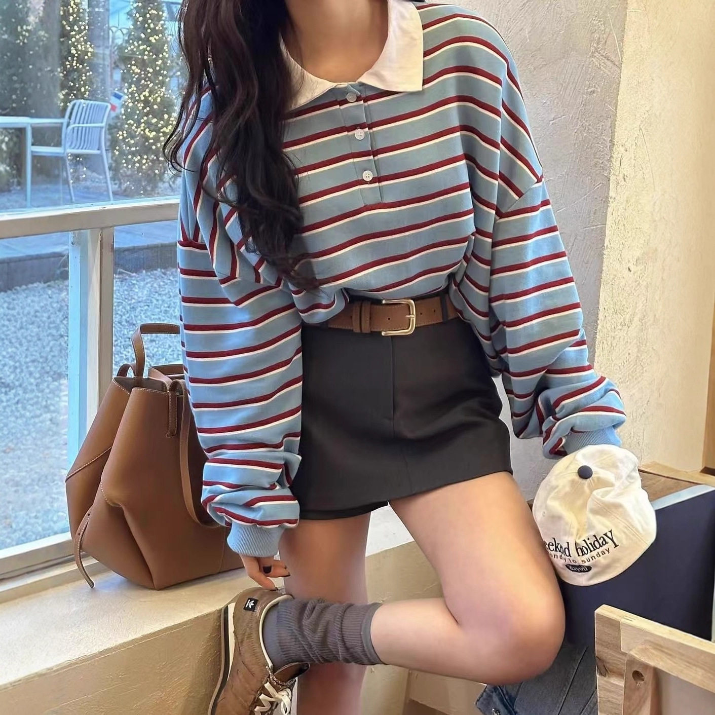 YTMCC韩国网红ins26春夏翻领系扣撞色条纹薄款长袖卫衣宽松上衣女