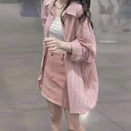 粉色条纹衬衫外套女装感内搭上衣