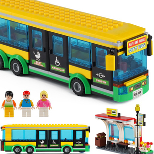 城市系列双层公交汽车站大巴士房车校车模型儿童益智拼装积木玩具