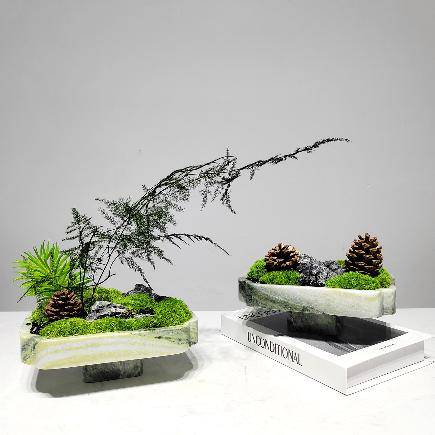 大理石新中式酒店洽谈桌绿植摆花