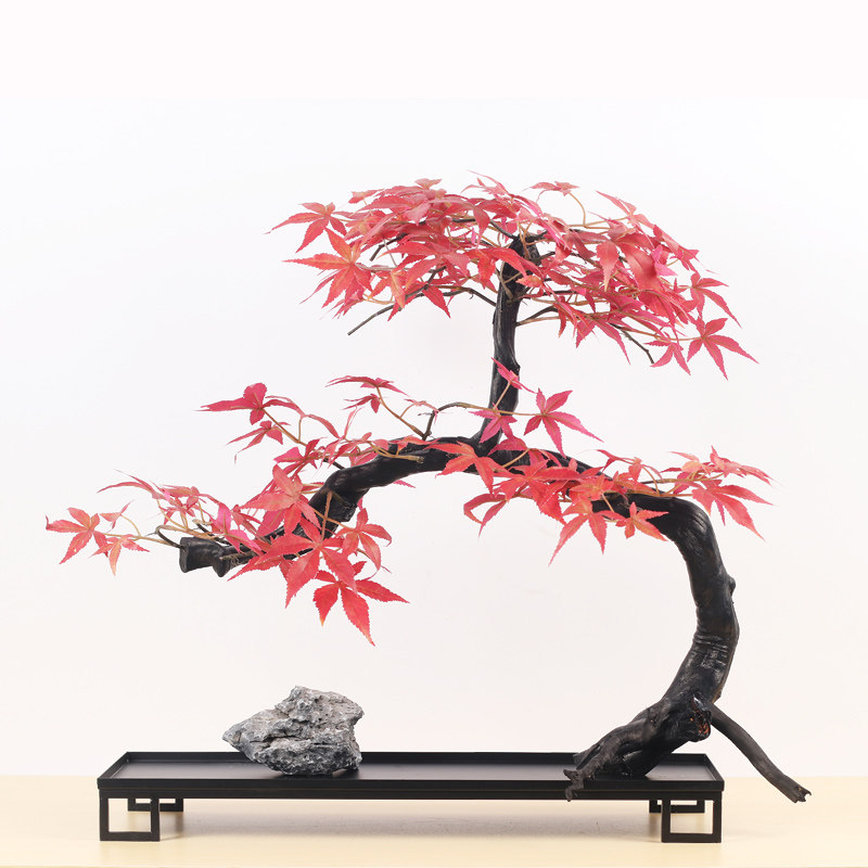 现代新中式红色枫叶禅意仿真花艺摆件酒店桌面绿植盆景样板房软装