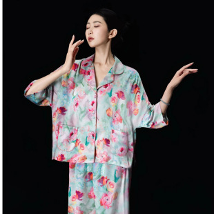 宽松大码 达芬奇密码 三件套中袖 落肩袖 仿真丝 冰丝睡衣女春夏新款