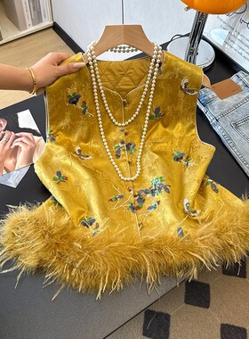 新中式加厚拼接毛毛马甲女秋冬夹棉国风紫色外穿高级感减龄上衣