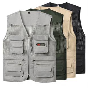 新款男式中老年马甲夏季薄款网眼多口袋宽松背心爸爸坎肩爷爷马夹