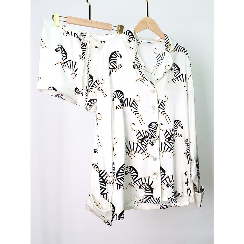 小虫虫推荐 轻奢经典斑马印花长袖上衣+短裤真丝睡衣休闲家居服女