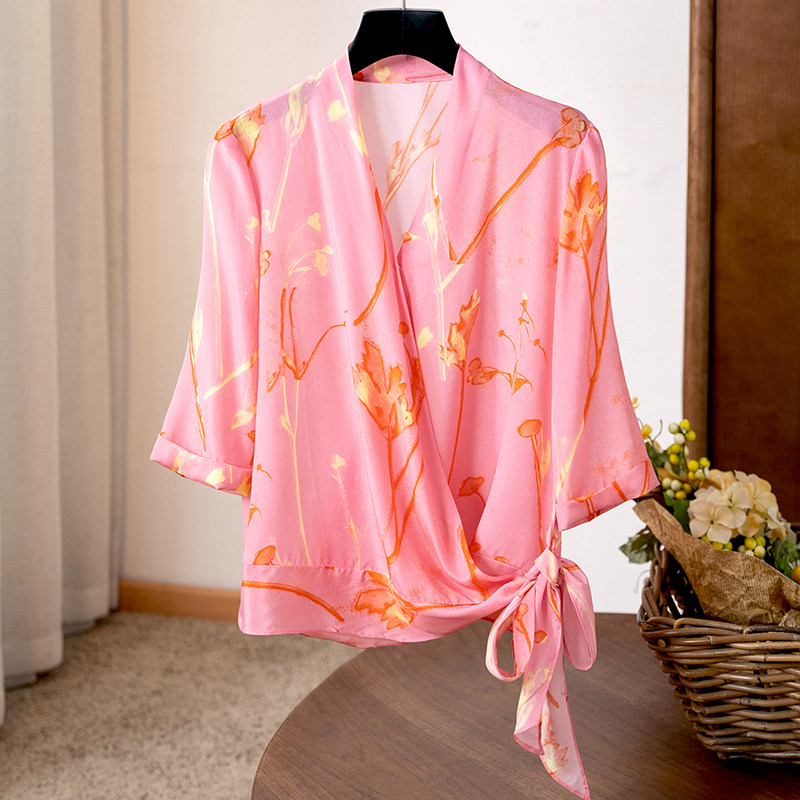 GENTLE FEMININE WRAP V-NECK SILK TOP FASHION PERSONALITY DESIGN SENSE SIDE TIE HALF SLEEVE COOL SHIRT SUMMER