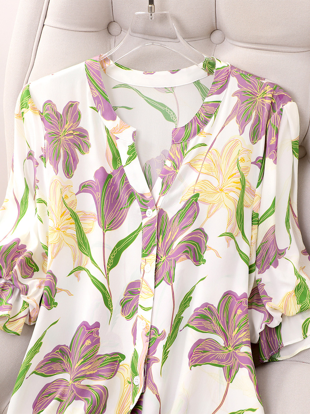 MEIXIAN YANKONG SUMMER CASUAL VERSATILE PURPLE PRINTED SILK SHIRT WOMENS 2023 NEW TEMPERAMENT MULBERRY SILK TOP