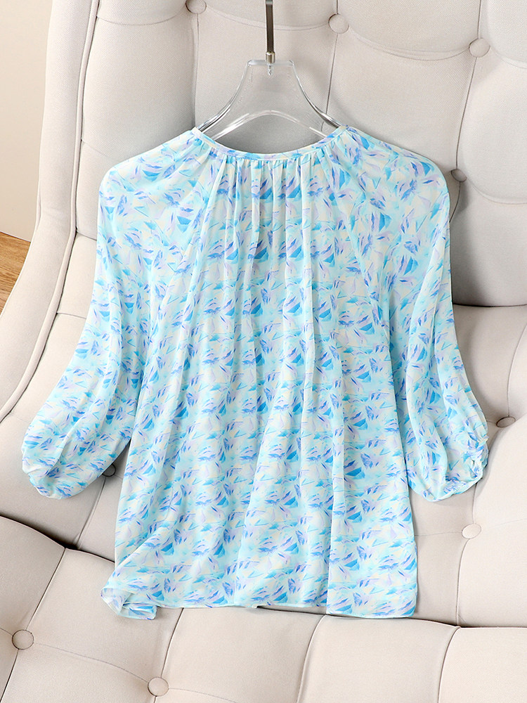 FAT MM FRENCH SWEET GENTLE LOOSE COVERING FLESH AGE REDUCTION FLORAL SHIRT COOL CROPPED BALLOON SLEEVE SILK TOP WOMEN