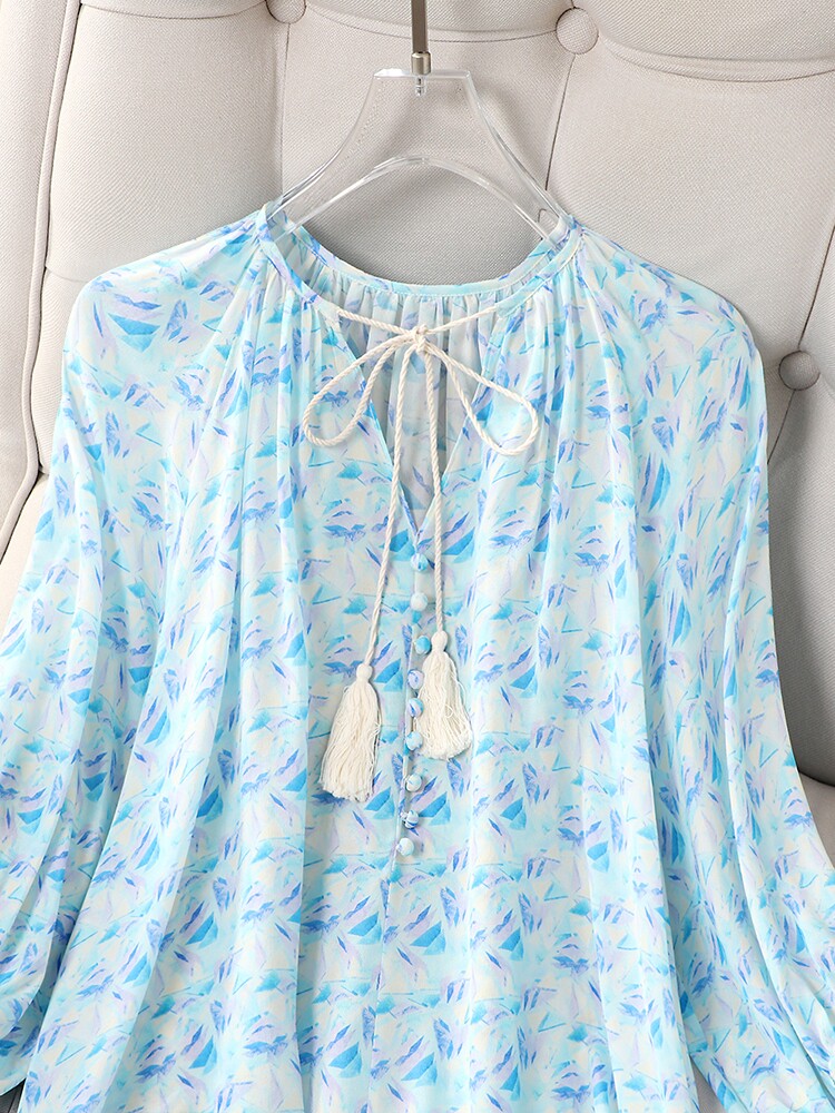 FAT MM FRENCH SWEET GENTLE LOOSE COVERING FLESH AGE REDUCTION FLORAL SHIRT COOL CROPPED BALLOON SLEEVE SILK TOP WOMEN
