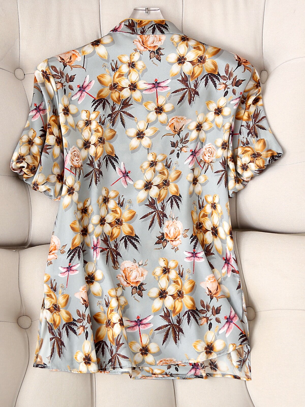 RICH CHINESE CHARM FESTIVE NATIONAL STYLE PRINTED SATIN SILK TOP WOMENS SUMMER SHORT-SLEEVED MULBERRY SILK COOL SHIRT