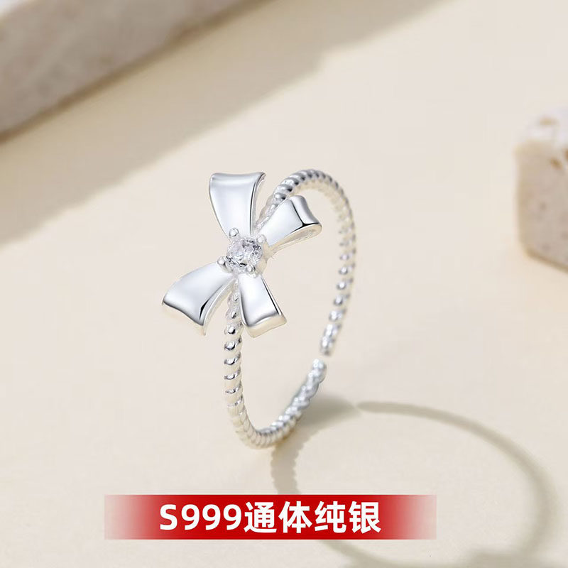 S999纯银镶钻蝴蝶结戒指女2025新款足银结婚指环女友老婆生日礼物