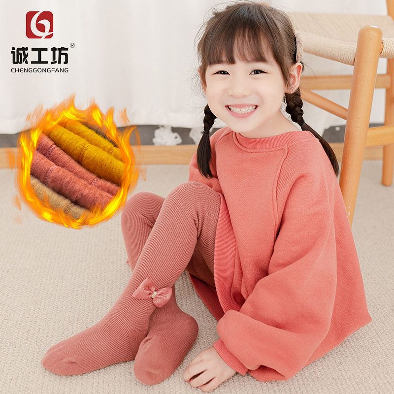 秋冬季儿童加绒中厚连裤袜日系蝴蝶结女童打底裤外穿宝宝无骨袜子