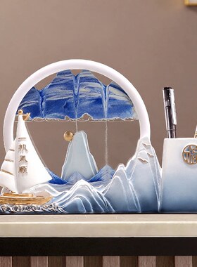 办公书房倒流家居新中式玄关客厅流沙摆件笔筒树脂工艺品装饰