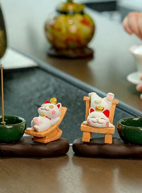 新款禅意陶瓷香炉香插摆件卡通招财猫茶桌茶道线香香托底座装饰品