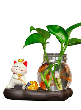 招财猫摆件桌面装饰创意可爱水培花瓶送同事礼物新年伴手礼躺赢猫