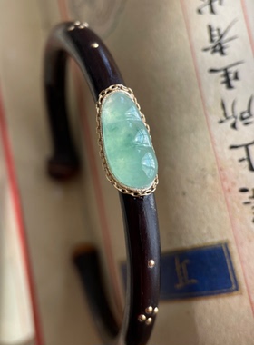 原创西藏高原深山老鸡血藤手镯镶嵌缅甸A货冰晴水绿福豆