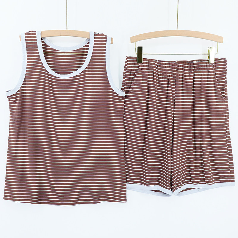 女士条纹无袖大码背心套装胖mm家居宽松打底吊带高腰带兜五分短裤