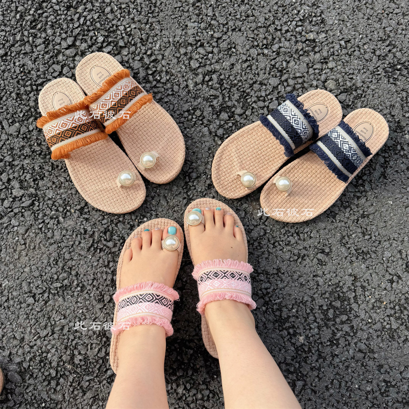 民族风珍珠流苏套趾一字拖女夏