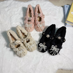 小众设计冬季加绒豆豆鞋甜美风重工蕾丝蝴蝶结流苏内增高毛毛鞋