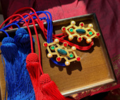 大萌制 万历红色蓝色绦带 腰带扣 仿明代方胜宝石绦环 汉服腰饰