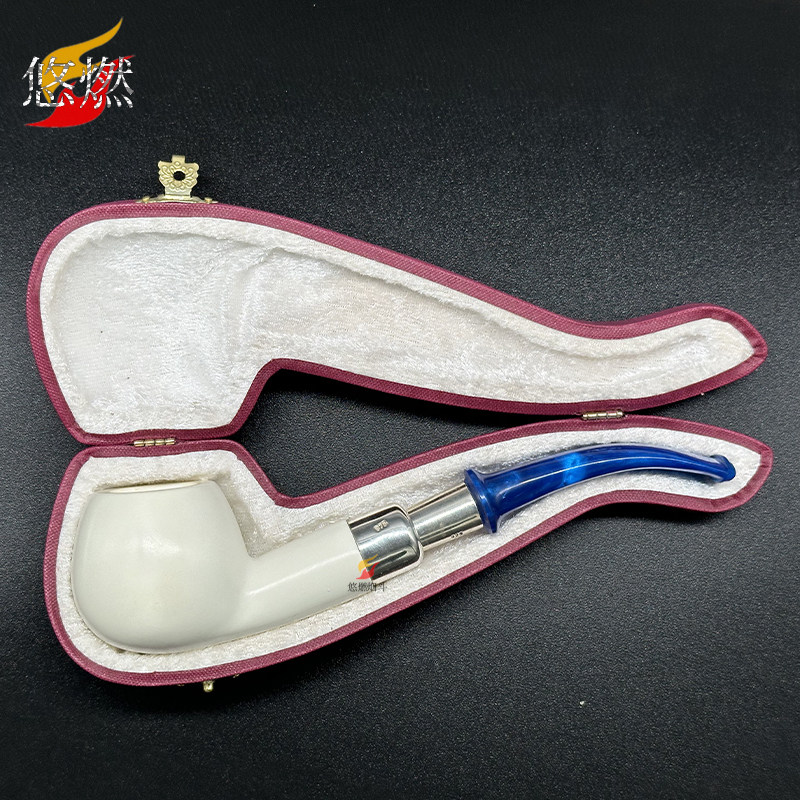 全新 土耳其海泡石原石手工雕刻大号烟斗单银圈925光面大斗 送礼