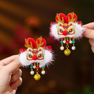 儿童新年发饰过年醒狮发夹女童红色头花秋冬带灯女孩春节拜年头饰