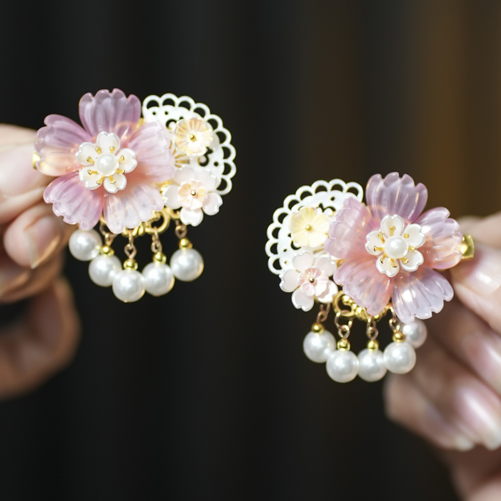 儿童珍珠花朵发夹女童汉服发饰女孩发卡流苏夹子公主古装头饰对夹