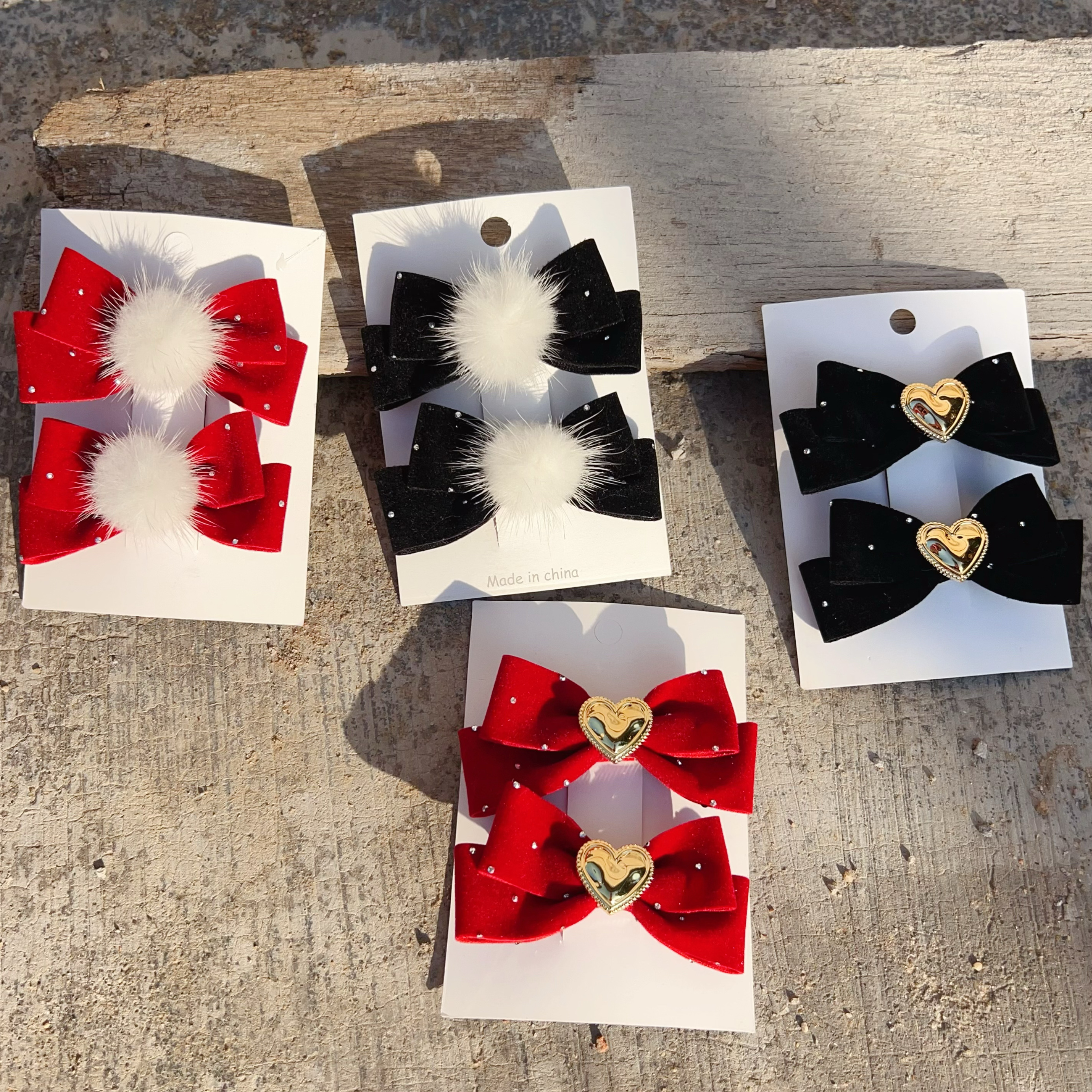 红色新年新款蝴蝶结丝绒发夹女童发卡夹子皮筋小女孩儿童发饰头饰