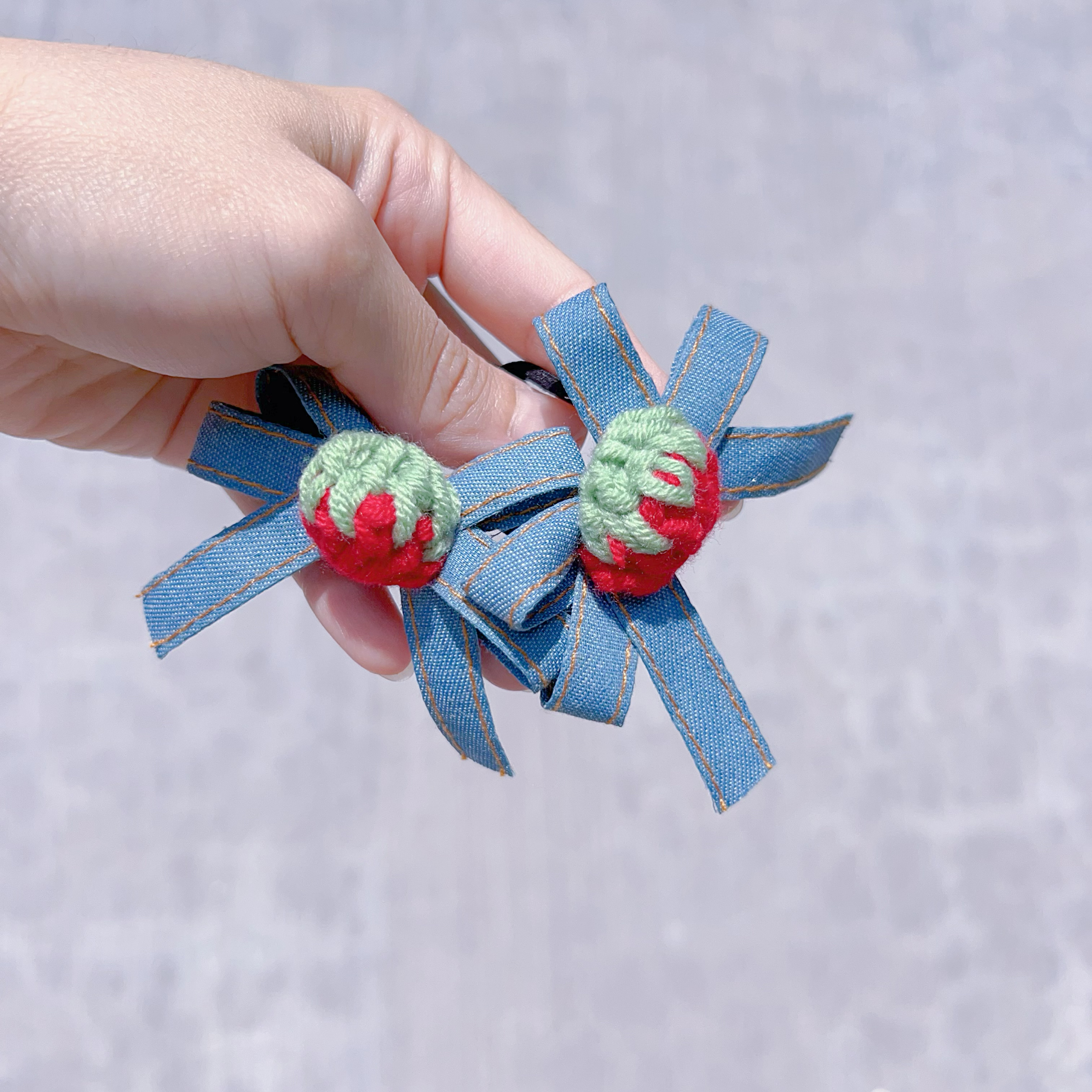 韩国儿童牛仔蝴蝶结发圈发夹樱桃毛线针织可爱头绳扎啾啾甜美发饰