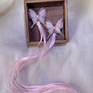 古风仙气薄纱绿色系多层蝴蝶儿童汉服手工中国风发夹飘带流苏配饰