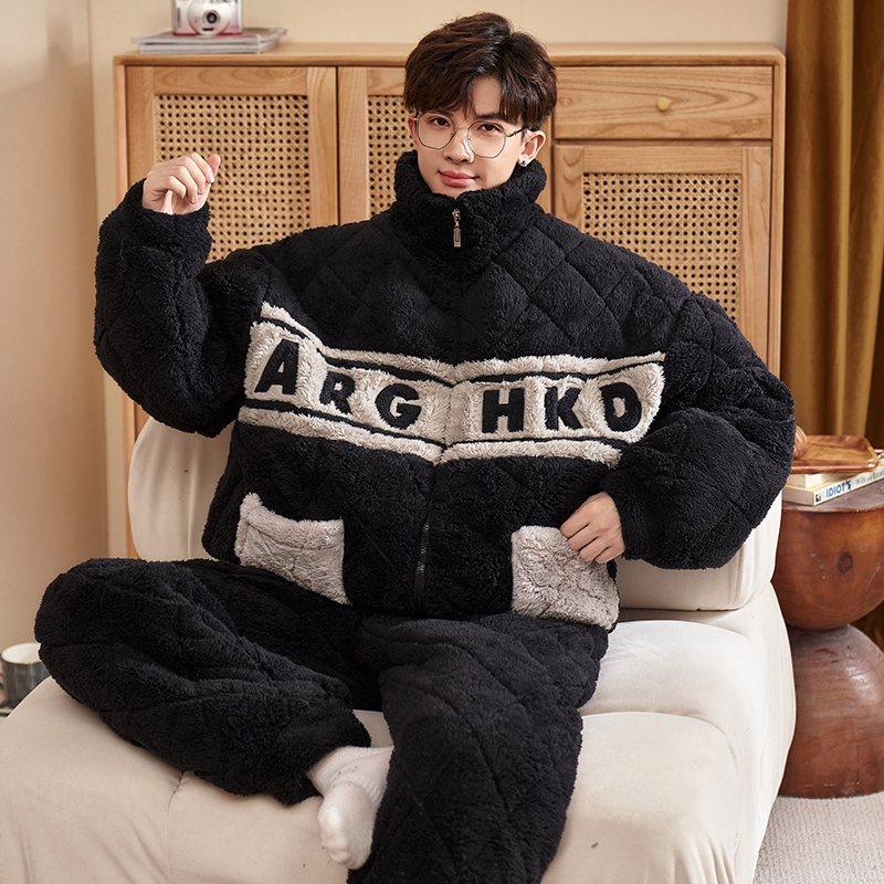 2025新款三层夹棉睡衣珊瑚绒男款秋冬季加厚加绒冬天法兰绒家居服