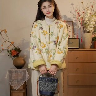 双面中式复古棉衣女款冬季新款时尚国风盘扣立领印花保暖棉服外套