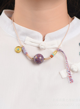 薰衣草紫色大漆珠锁骨链项链扎吉拉姆镀金牌藏风饰品手搓棉线文玩